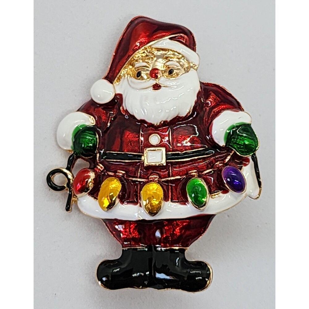 Santa Holding Christmas Lights Brooch Enamel Finish Bright & Cheerful - Picture 3 of 5